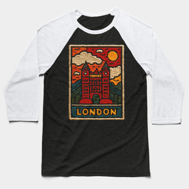 Tower Bridge London Linocut Art | Retro UK Landmark Souvenir Baseball T-Shirt by TuncGK