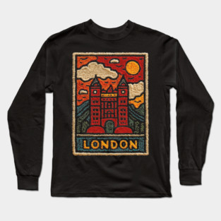 Tower Bridge London Linocut Art | Retro UK Landmark Souvenir Long Sleeve T-Shirt