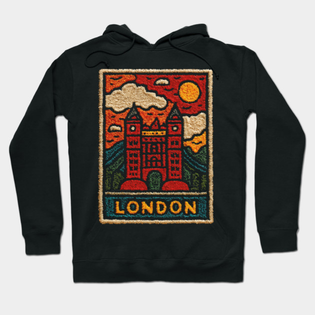 Tower Bridge London Linocut Art | Retro UK Landmark Souvenir Hoodie by TuncGK