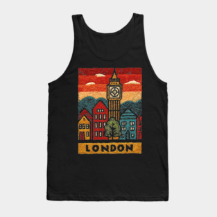 Big Ben London Folk Art Print | Vintage Westminster Souvenir Tank Top