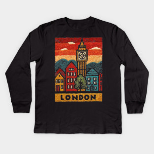 Big Ben London Folk Art Print | Vintage Westminster Souvenir Kids Long Sleeve T-Shirt
