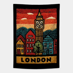 Big Ben London Folk Art Print | Vintage Westminster Souvenir Tapestry