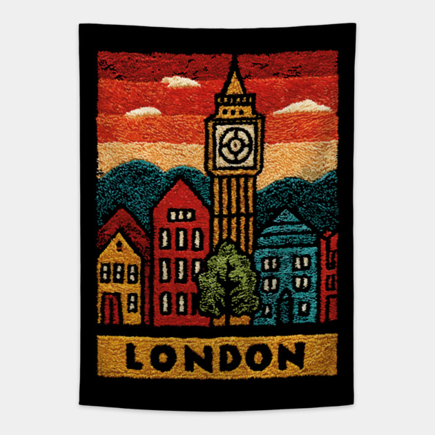 Big Ben London Folk Art Print | Vintage Westminster Souvenir Tapestry by TuncGK
