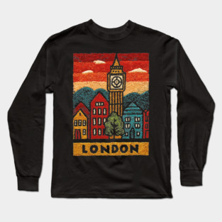 Big Ben London Folk Art Print | Vintage Westminster Souvenir Long Sleeve T-Shirt