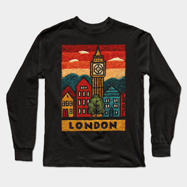 Big Ben London Folk Art Print | Vintage Westminster Souvenir Long Sleeve T-Shirt by TuncGK