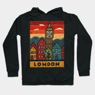 Big Ben London Folk Art Print | Vintage Westminster Souvenir Hoodie