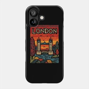 London River Thames Linocut Poster | Retro Tower Bridge Scene Phone Case