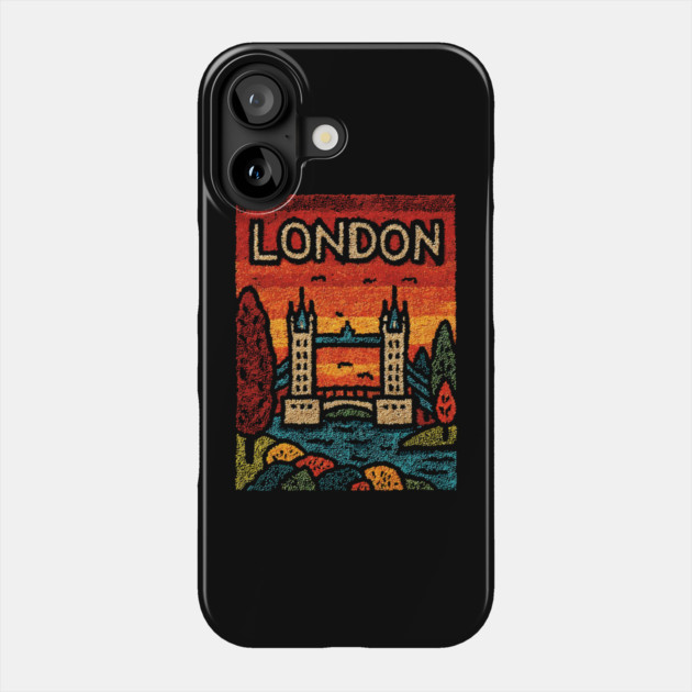 London River Thames Linocut Poster | Retro Tower Bridge Scene Phone Case by TuncGK