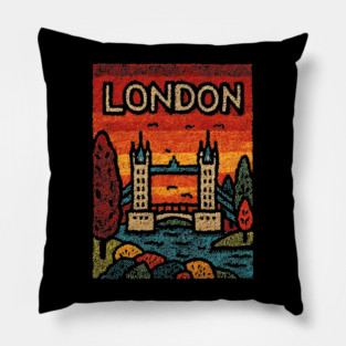 London River Thames Linocut Poster | Retro Tower Bridge Scene Pillow