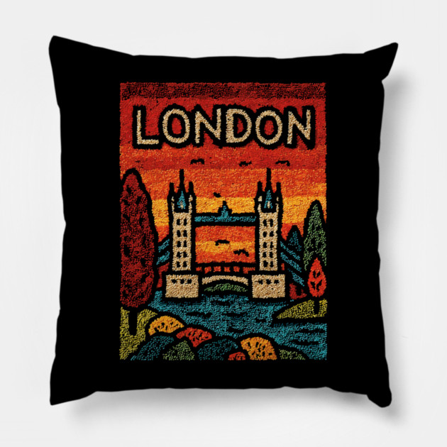 London River Thames Linocut Poster | Retro Tower Bridge Scene Pillow by TuncGK