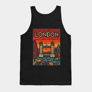 London River Thames Linocut Poster | Retro Tower Bridge Scene Tank Top