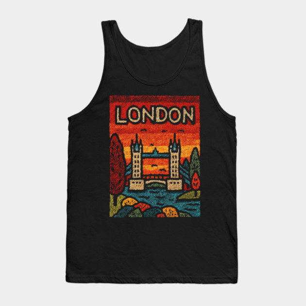 London River Thames Linocut Poster | Retro Tower Bridge Scene Tank Top by TuncGK