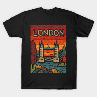 London River Thames Linocut Poster | Retro Tower Bridge Scene T-Shirt