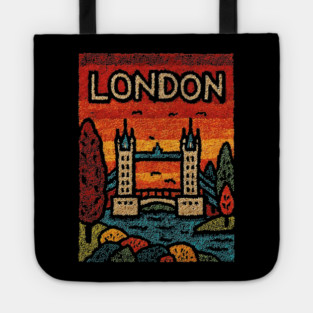 London River Thames Linocut Poster | Retro Tower Bridge Scene Tote