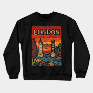 London River Thames Linocut Poster | Retro Tower Bridge Scene Crewneck Sweatshirt
