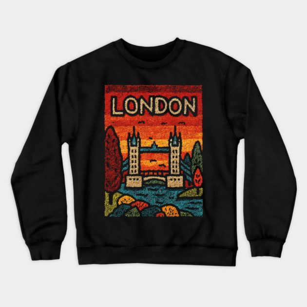 London River Thames Linocut Poster | Retro Tower Bridge Scene Crewneck Sweatshirt by TuncGK