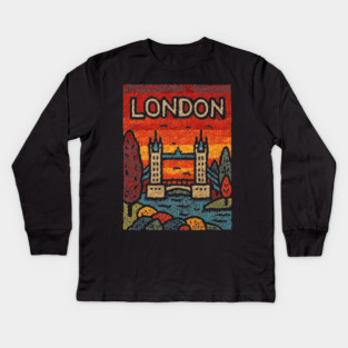 London River Thames Linocut Poster | Retro Tower Bridge Scene Kids Long Sleeve T-Shirt