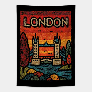 London River Thames Linocut Poster | Retro Tower Bridge Scene Tapestry