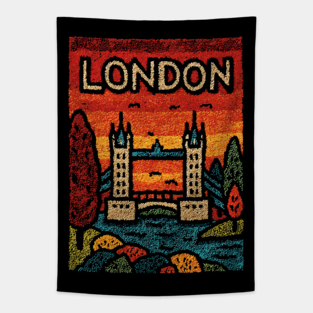 London River Thames Linocut Poster | Retro Tower Bridge Scene Tapestry by TuncGK