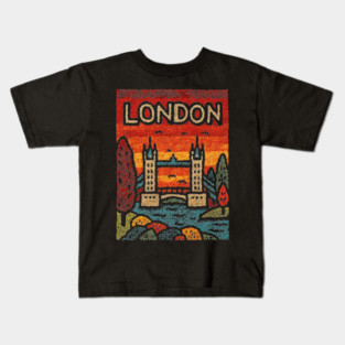 London River Thames Linocut Poster | Retro Tower Bridge Scene Kids T-Shirt