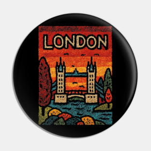 London River Thames Linocut Poster | Retro Tower Bridge Scene Pin