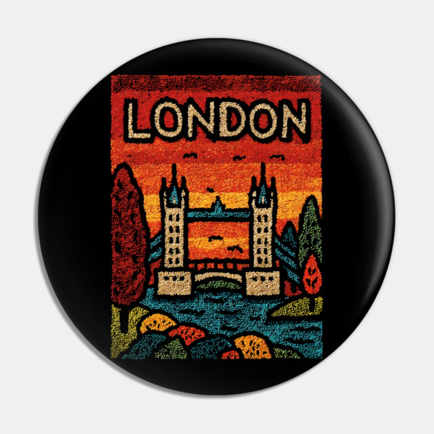London River Thames Linocut Poster | Retro Tower Bridge Scene Pin by TuncGK