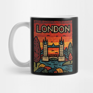 London River Thames Linocut Poster | Retro Tower Bridge Scene Mug