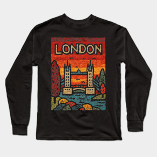 London River Thames Linocut Poster | Retro Tower Bridge Scene Long Sleeve T-Shirt