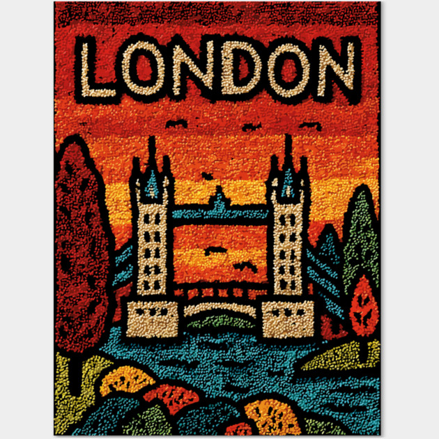 London River Thames Linocut Poster | Retro Tower Bridge Scene Wall Art by TuncGK