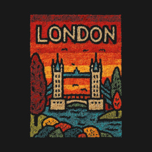 London River Thames Linocut Poster | Retro Tower Bridge Scene T-Shirt