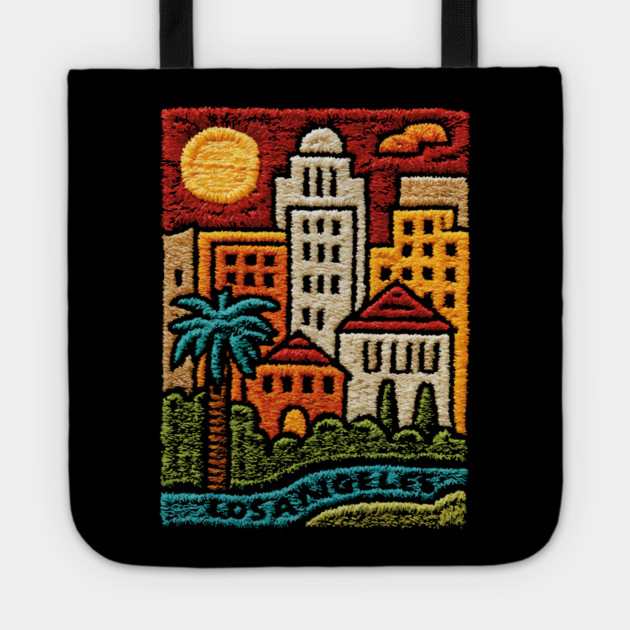 Los Angeles Urban Oasis Print | Retro SoCal Palm Tree Skyline Tote by TuncGK