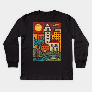 Los Angeles Urban Oasis Print | Retro SoCal Palm Tree Skyline Kids Long Sleeve T-Shirt