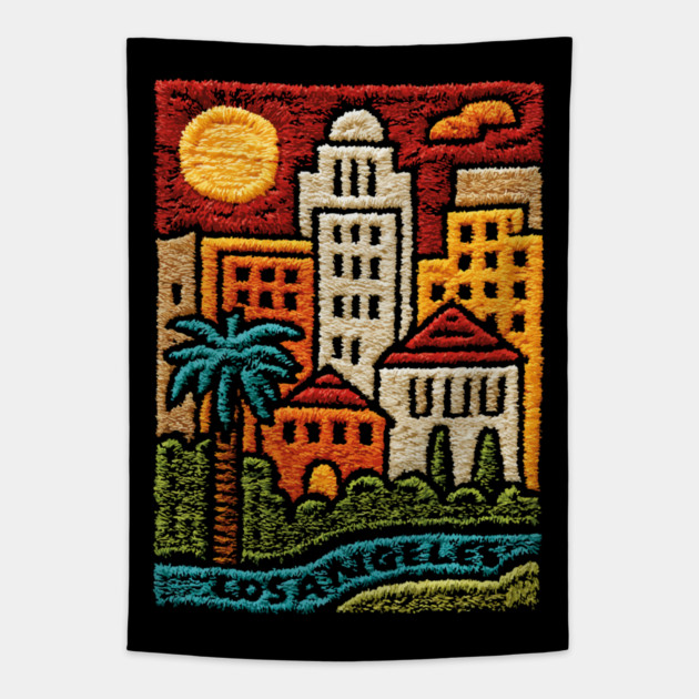 Los Angeles Urban Oasis Print | Retro SoCal Palm Tree Skyline Tapestry by TuncGK