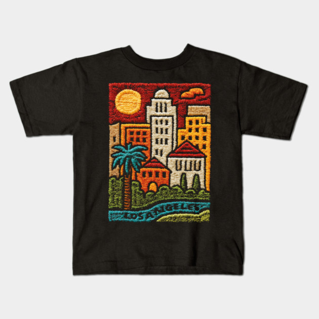 Los Angeles Urban Oasis Print | Retro SoCal Palm Tree Skyline Kids T-Shirt by TuncGK