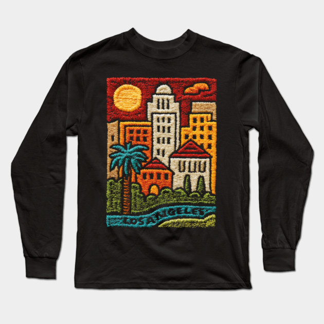 Los Angeles Urban Oasis Print | Retro SoCal Palm Tree Skyline Long Sleeve T-Shirt by TuncGK