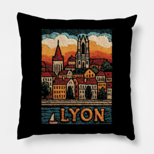Historic Lyon France Linocut Print | Vintage Vieux Lyon Souvenir Pillow