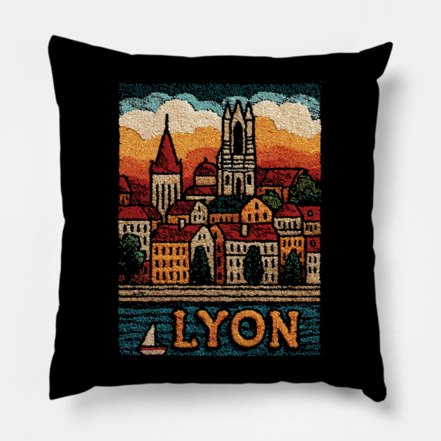 Historic Lyon France Linocut Print | Vintage Vieux Lyon Souvenir Pillow by TuncGK