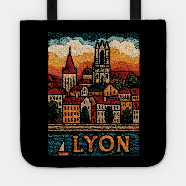 Historic Lyon France Linocut Print | Vintage Vieux Lyon Souvenir Tote by TuncGK
