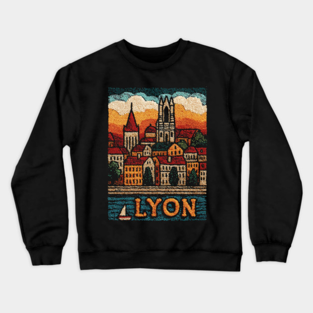 Historic Lyon France Linocut Print | Vintage Vieux Lyon Souvenir Crewneck Sweatshirt by TuncGK