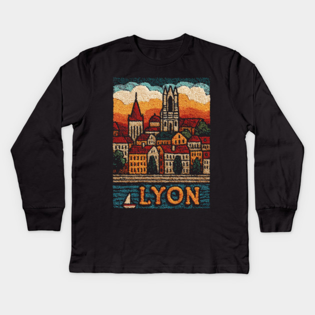 Historic Lyon France Linocut Print | Vintage Vieux Lyon Souvenir Kids Long Sleeve T-Shirt by TuncGK