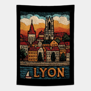 Historic Lyon France Linocut Print | Vintage Vieux Lyon Souvenir Tapestry