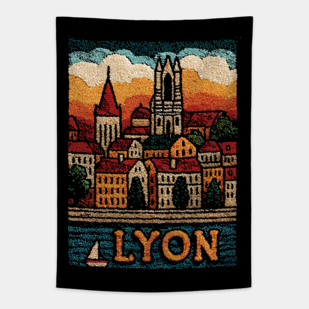 Historic Lyon France Linocut Print | Vintage Vieux Lyon Souvenir Tapestry by TuncGK