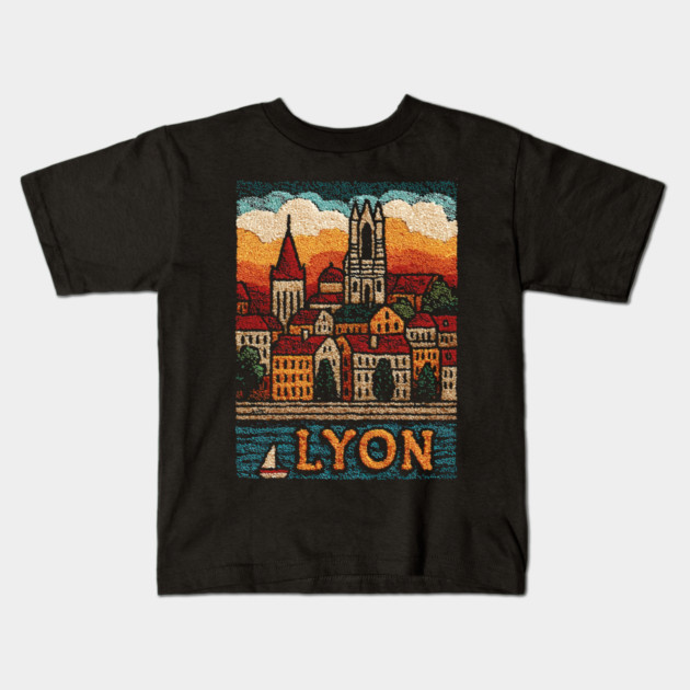 Historic Lyon France Linocut Print | Vintage Vieux Lyon Souvenir Kids T-Shirt by TuncGK