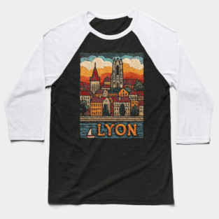 Historic Lyon France Linocut Print | Vintage Vieux Lyon Souvenir Baseball T-Shirt