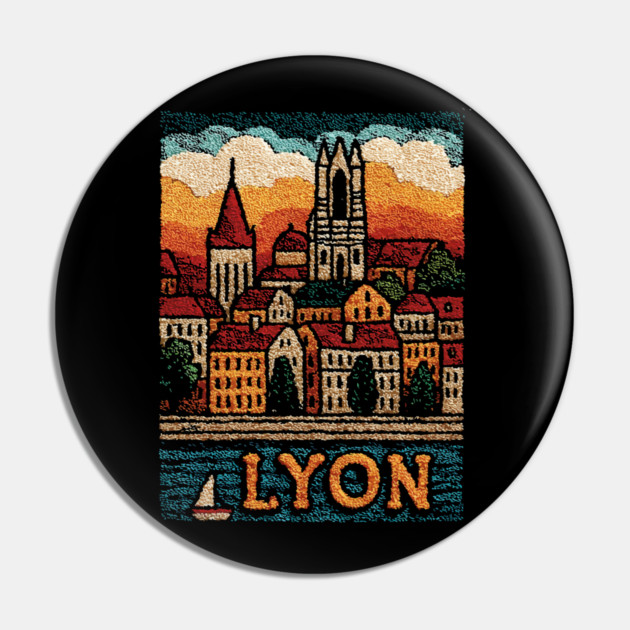 Historic Lyon France Linocut Print | Vintage Vieux Lyon Souvenir Pin by TuncGK