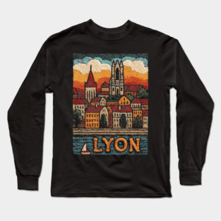 Historic Lyon France Linocut Print | Vintage Vieux Lyon Souvenir Long Sleeve T-Shirt