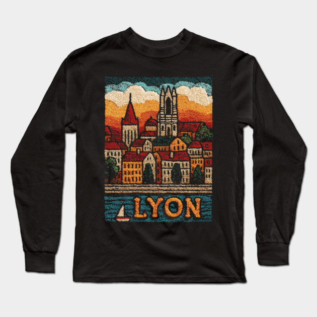 Historic Lyon France Linocut Print | Vintage Vieux Lyon Souvenir Long Sleeve T-Shirt by TuncGK