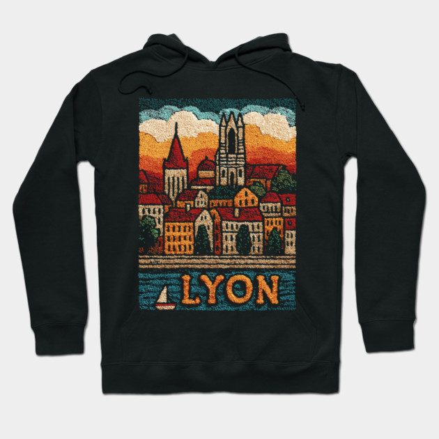 Historic Lyon France Linocut Print | Vintage Vieux Lyon Souvenir Hoodie by TuncGK