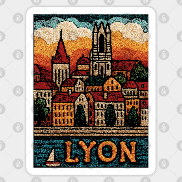 Historic Lyon France Linocut Print | Vintage Vieux Lyon Souvenir Sticker by TuncGK