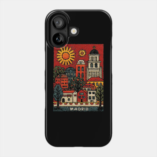 Sunny Madrid Spain Linocut Print | Retro Plaza Mayor Souvenir Phone Case